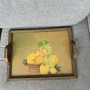 Vintage Wood and Glass Top  Tray with Painting Lemon Still Life Primitive